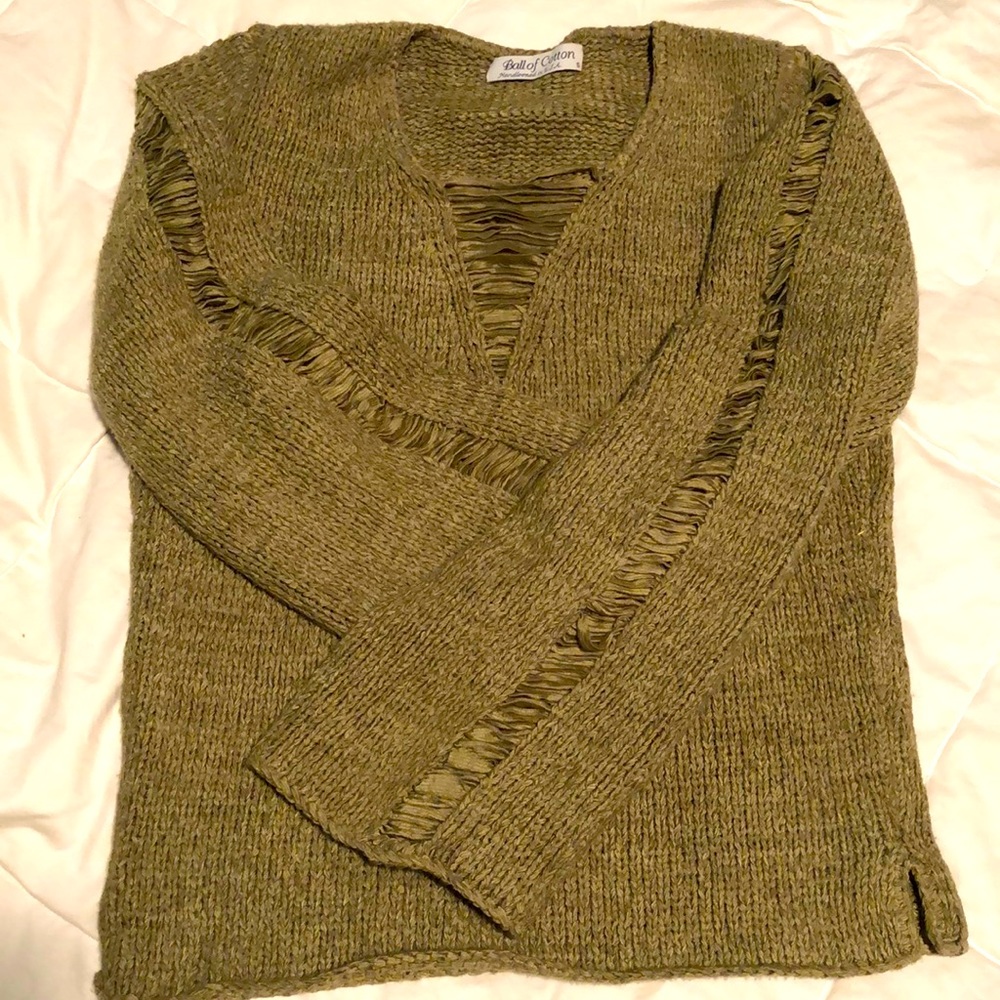 Ball of Cotton Ribbon-Inlay Epidote-Green Cotton Sweater